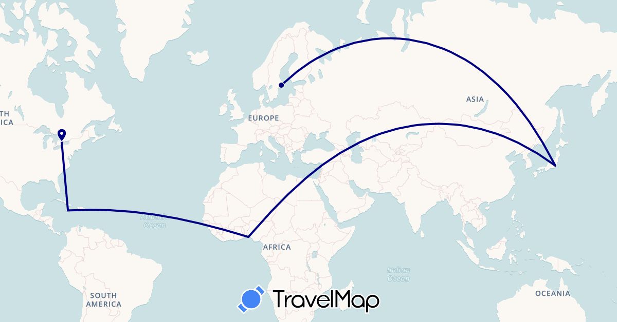 TravelMap itinerary: driving in Canada, Jamaica, Japan, Nigeria, Sweden (Africa, Asia, Europe, North America)